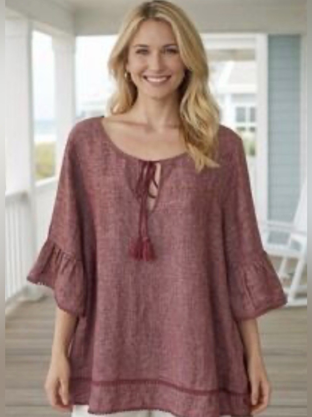 Tahari 100% Linen Tunic Top 1X Pink Tassel Bell Sleeves Boho Lagenlook Coastal